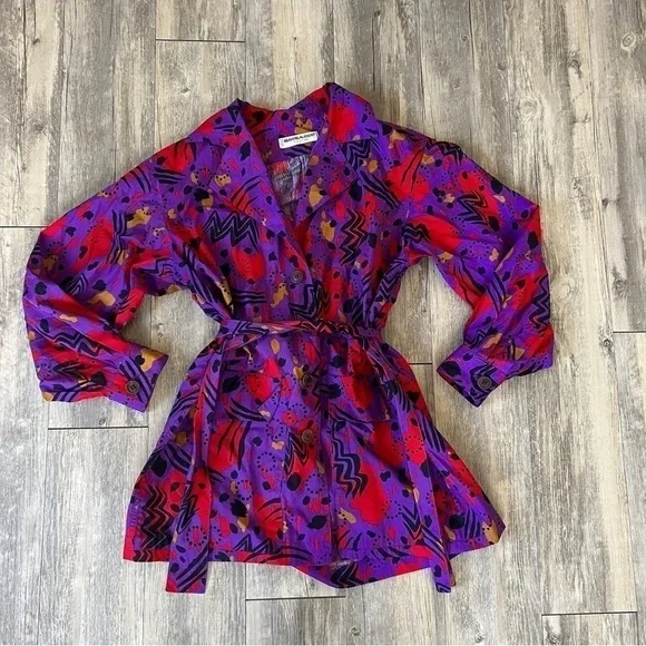 YVES Saint Laurent Vintage 1990s Purple Red Abstract Belted Shirt Jacket Dress - Picture 5 of 11